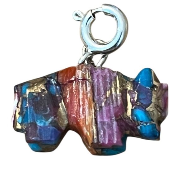 Spiny Oyster Turquoise Carved Buffalo Charm Pendant Sterling Silver Colorful - Picture 1 of 6